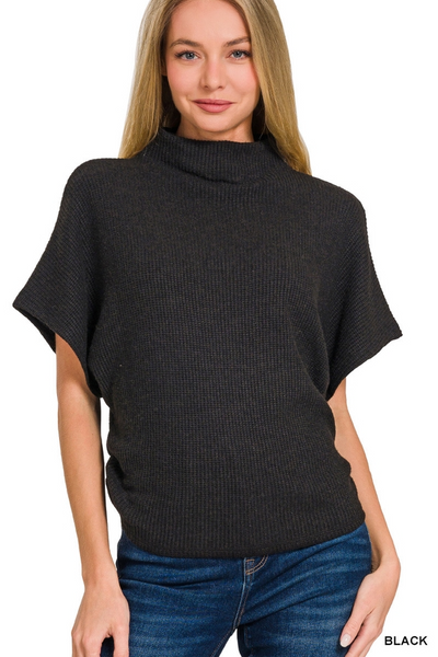 Mock Neck Sweater Side Shirred BLACK