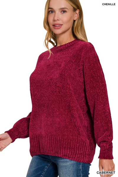 Round Neck Balloon Sleeve Chenille Sweater CABERNET