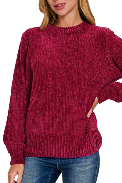 Round Neck Balloon Sleeve Chenille Sweater CABERNET