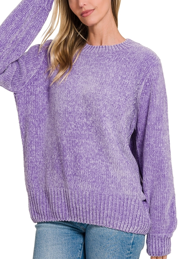 Round Neck Balloon Sleeve Chenille Sweater LAVENDER