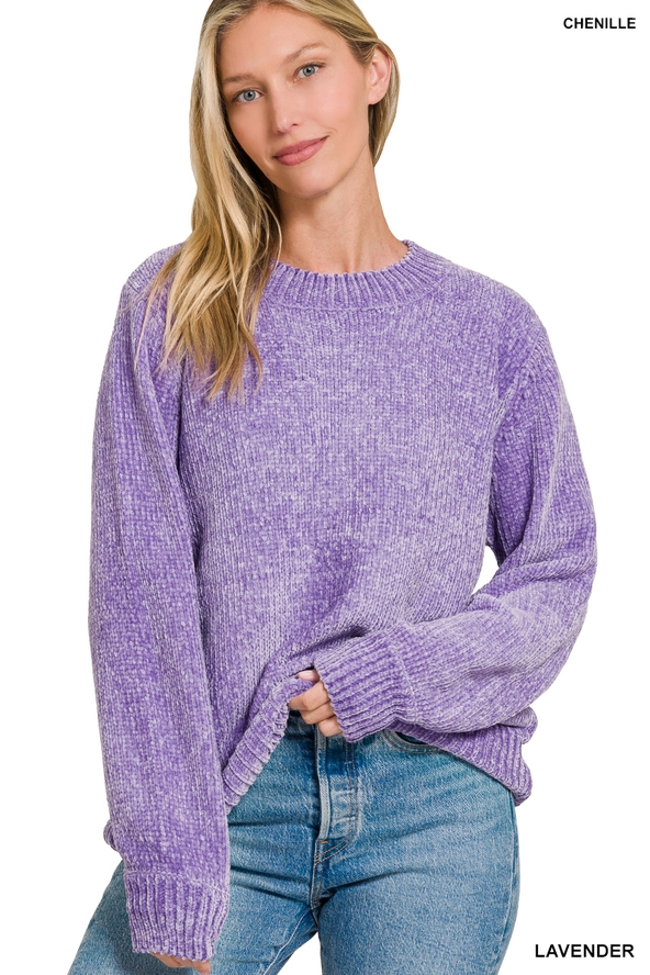 Round Neck Balloon Sleeve Chenille Sweater LAVENDER