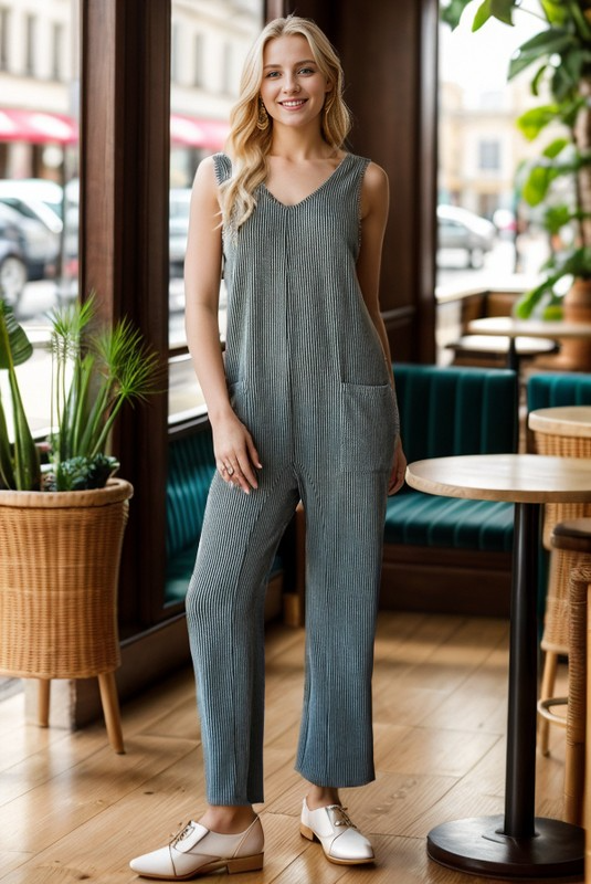 Sleeveless Solid Urban Ribbed Jumpsuits OLIVE