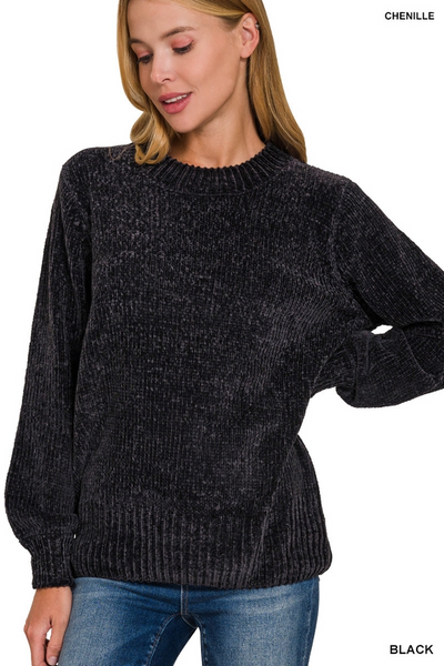 Round Neck Balloon Sleeve Chenille Sweater BLACK