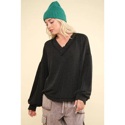 Two Tone Otto Ribbed V-Neck Oversized Knit Top in Charcoal