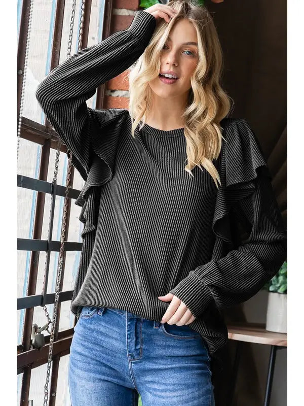 Long Ruffled Sleeve Solid Urban Ribbed Top