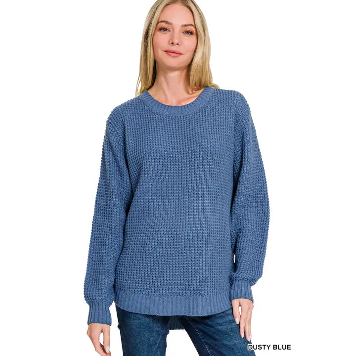 Hi-Low Long Sleeve Round Neck Waffle Sweater in Dusty Blue