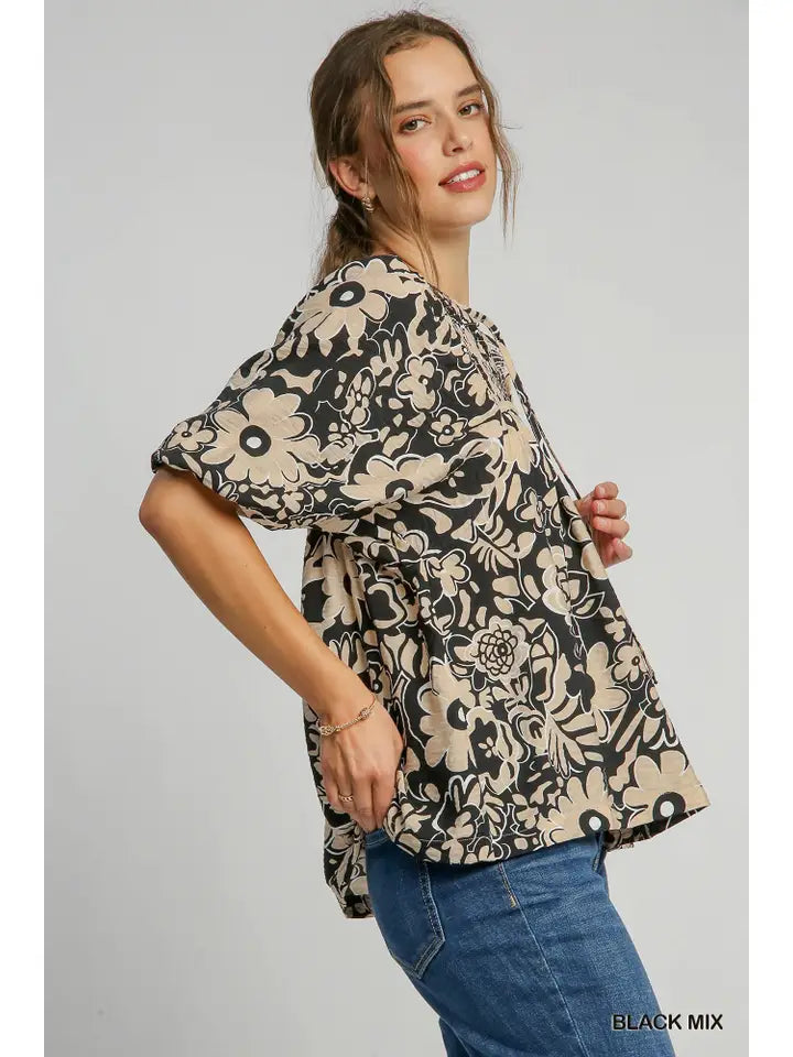 Boxy Cut Smocked Floral Print Top