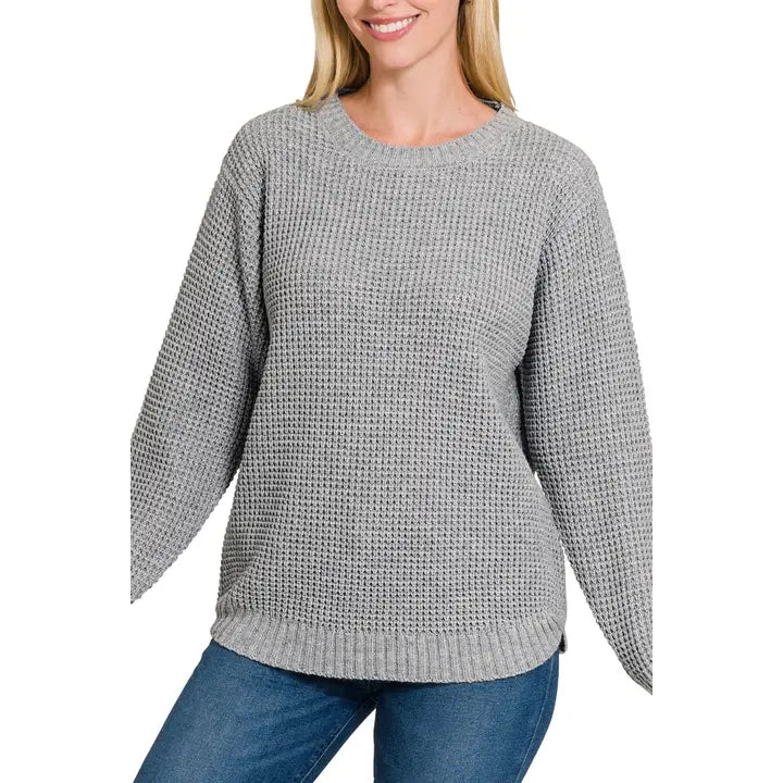 Hi-Low Long Sleeve Round Neck Waffle Sweater in H Grey