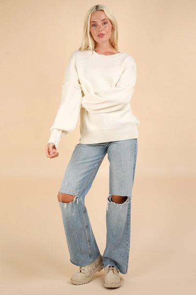 Oversized Basic Solid Sweater Knit Top in Ivory