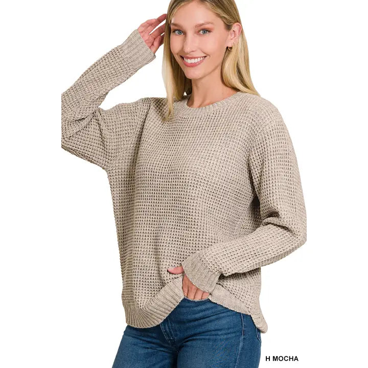 Hi-Low Long Sleeve Round Neck Waffle Sweater in Mocha