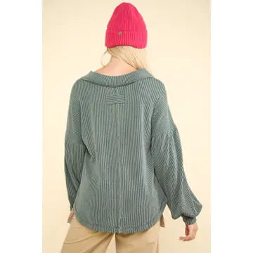 Two Tone Otto Ribbed V-Neck Oversized Knit Top in Moss