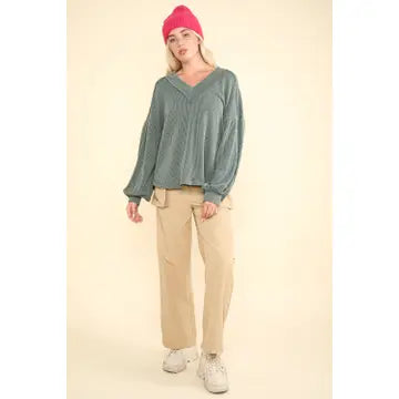 Two Tone Otto Ribbed V-Neck Oversized Knit Top in Moss