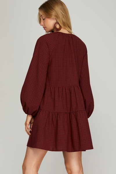 Long Sleeve Woven Plaid Tie Front Tiered Dress RED BRICK