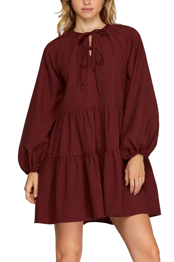 Long Sleeve Woven Plaid Tie Front Tiered Dress RED BRICK