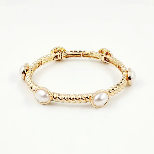 Ribbed Gold Textured and Pearl Stretch Bracelet