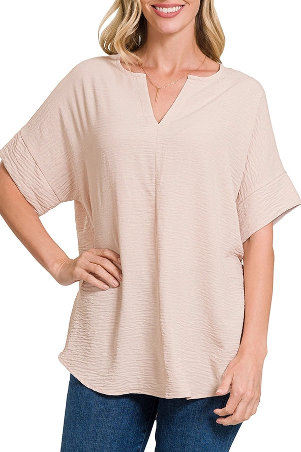 Woven Airflow Split Neck Short Sleeve Top