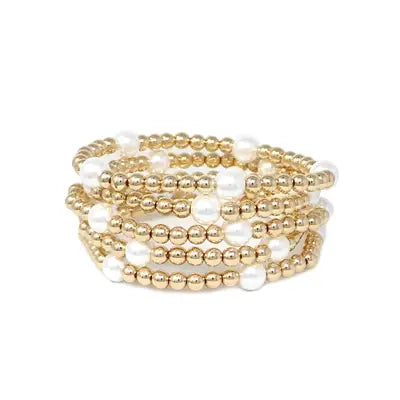 Set of 5 Gold Beaded and Pearl Stretch Bracelets