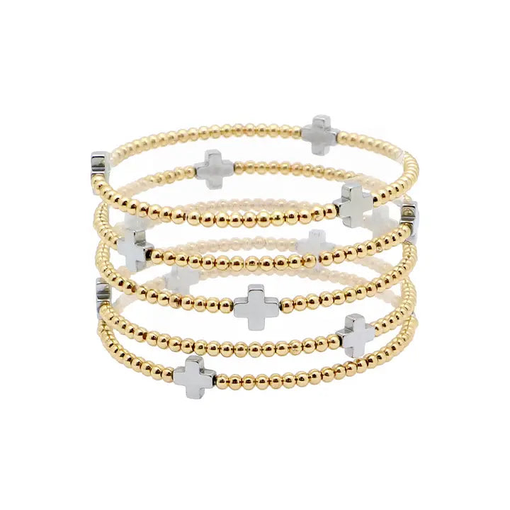 Gold 2mm Beaded with Silver Cross Set of 5 Stretch Bracelets