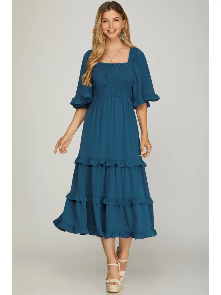 Teal Bell Sleeve Square Neck Smocked Tiered Midi Dress