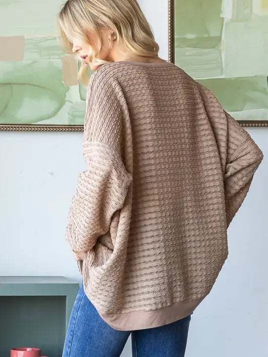 Long Puff Sleeve Solid Waffle Tiered Top