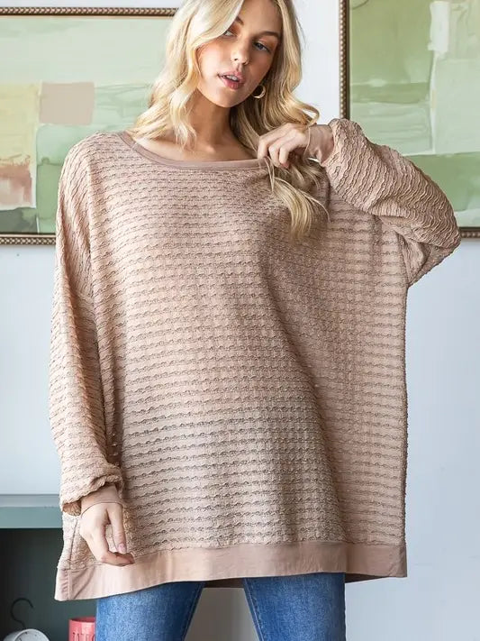 Long Puff Sleeve Solid Waffle Tiered Top