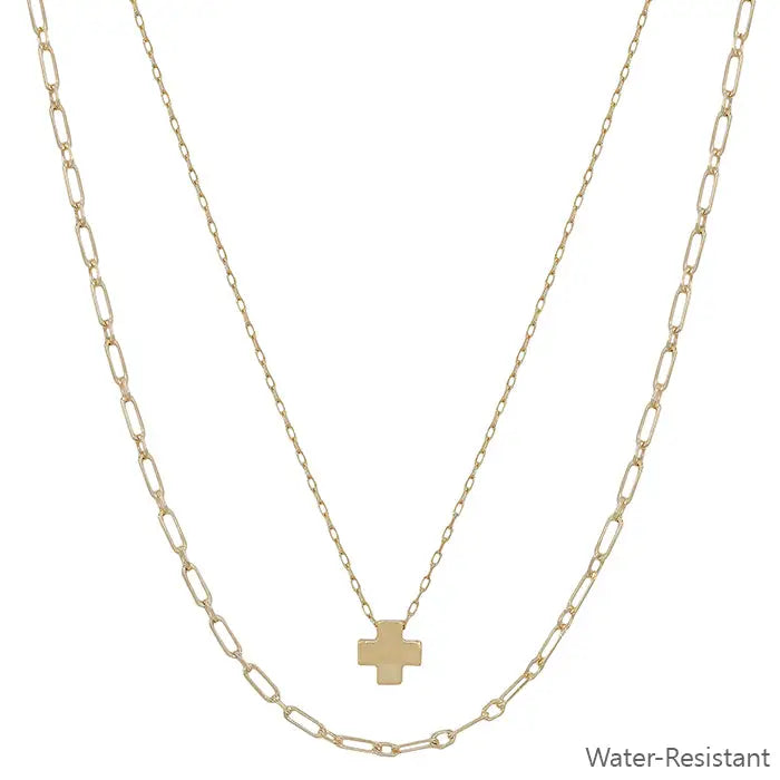 Water Resistant Gold Beaded Cross Charm Shape 16"-18" Necklace