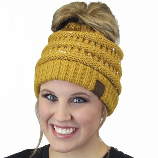 C.C. Beanie Mustard Sequin Messy Bun Beanie