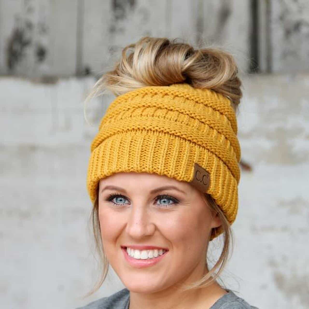 C.C. Mustard Messy Bun Beanie