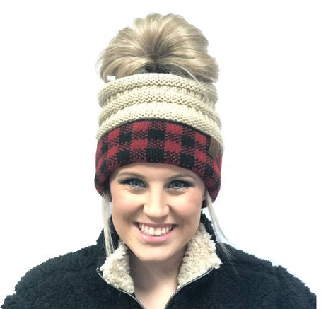 C.C Buffalo Plaid Beige Red/Black Messy Bun Beanie