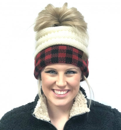 C.C Buffalo Plaid Ivory Red/Black Messy Bun Beanie